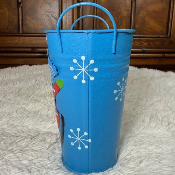 Vintage Blue Metal Snowman and Snowflakes Tall Handled Painted Pail - Picture 3 of 9